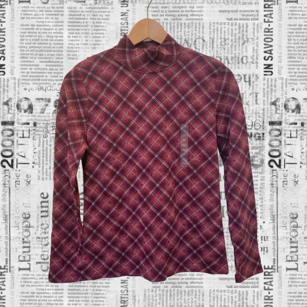 Red and purple plaid mock neck long sleeve top